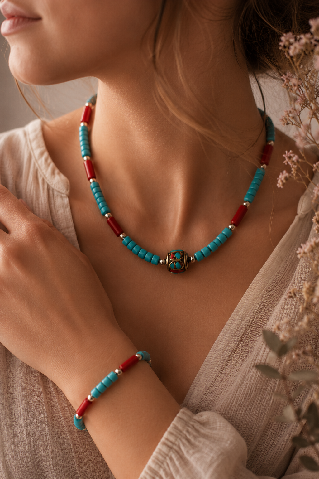 Conjunto Tribal Nepalí Turquesa y Coral  Collar 50 cm + Pulsera 17 cm