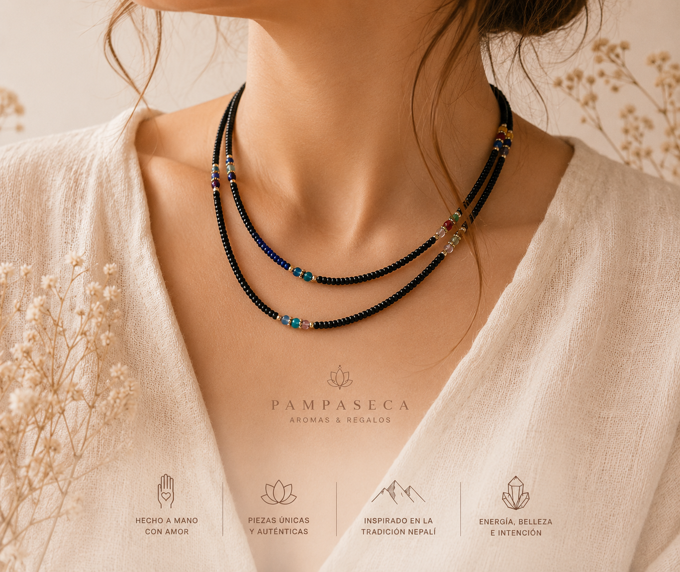 Collar Doble - Ónix negro y Perlas facetadas Nepalí Fino (42 cm)