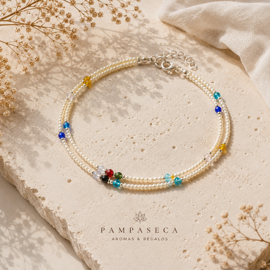 Pulsera de Tobillo Doble - Howlita y Perlas facetadas Nepalíes (22 cm)