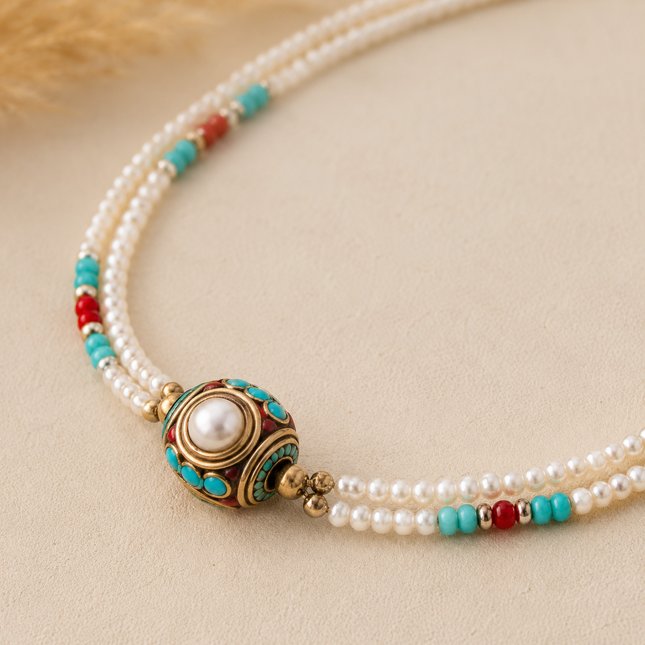 Collar Nepalés de Gemas Extra Finas de Dos Líneas – Colgante Perla y Turquesa ✨