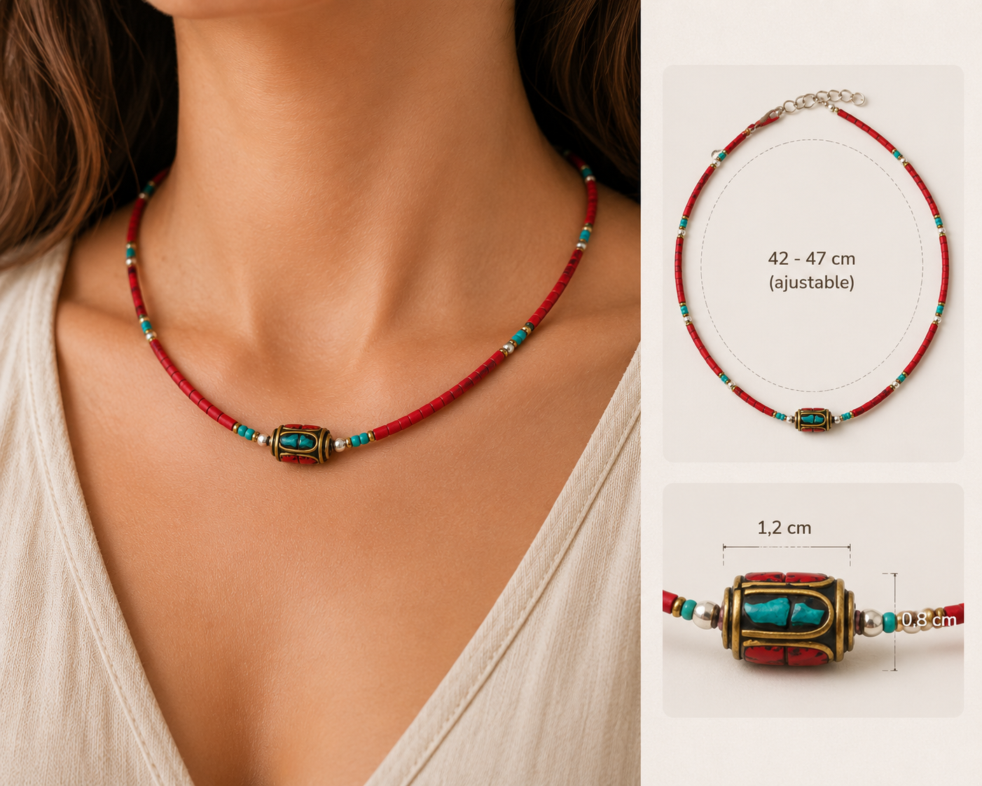 Collar Nepalés de Gemas Extra Finas - Cuenta Tribal de Coral