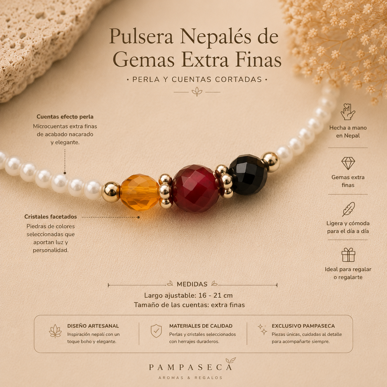 Pulsera Nepalés de Gemas Extra Finas - Perla y Cuentas Cortadas
