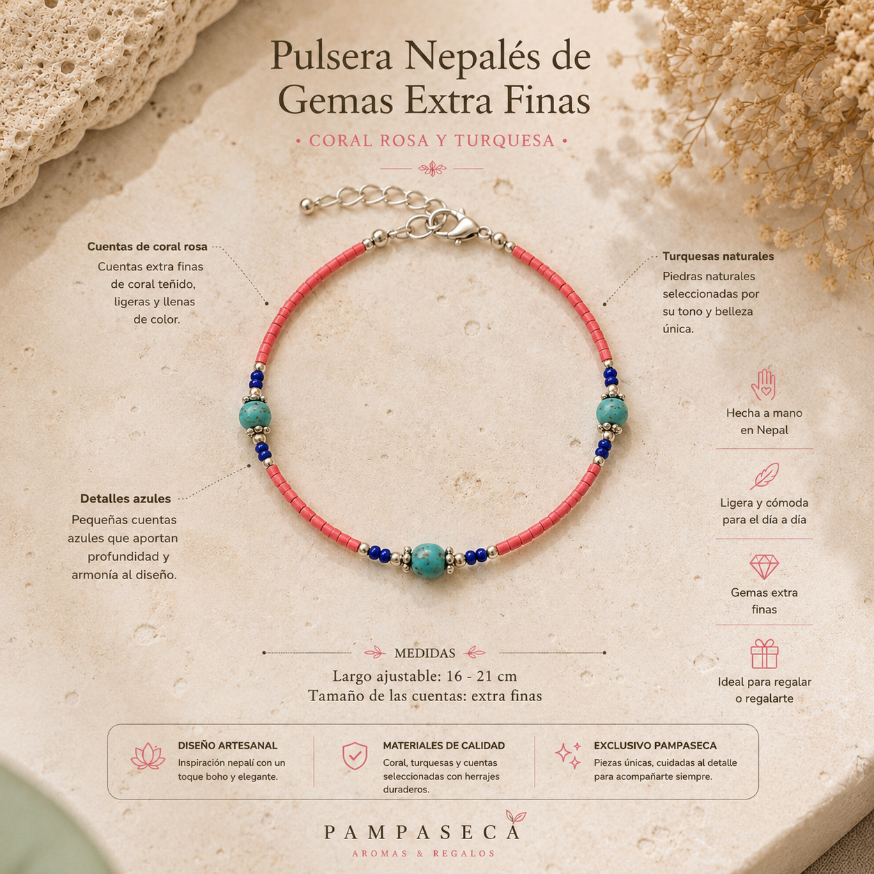Pulsera Nepalés de Gemas Extra Finas - Cuentas de Coral Rosa y Turquesa