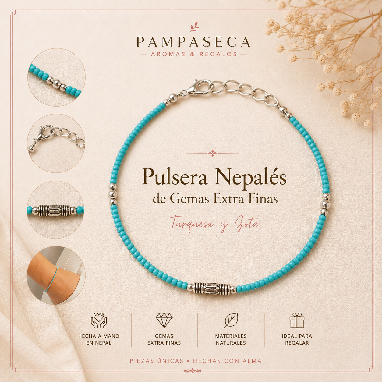 Pulsera Nepalí de Gemas Extra Finas – Turquesa y Gota