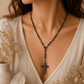 Collar Rosario de Piedra Negra Mate y Cruz de Hematita