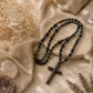 Collar Rosario de Piedra Negra Mate y Cruz de Hematita