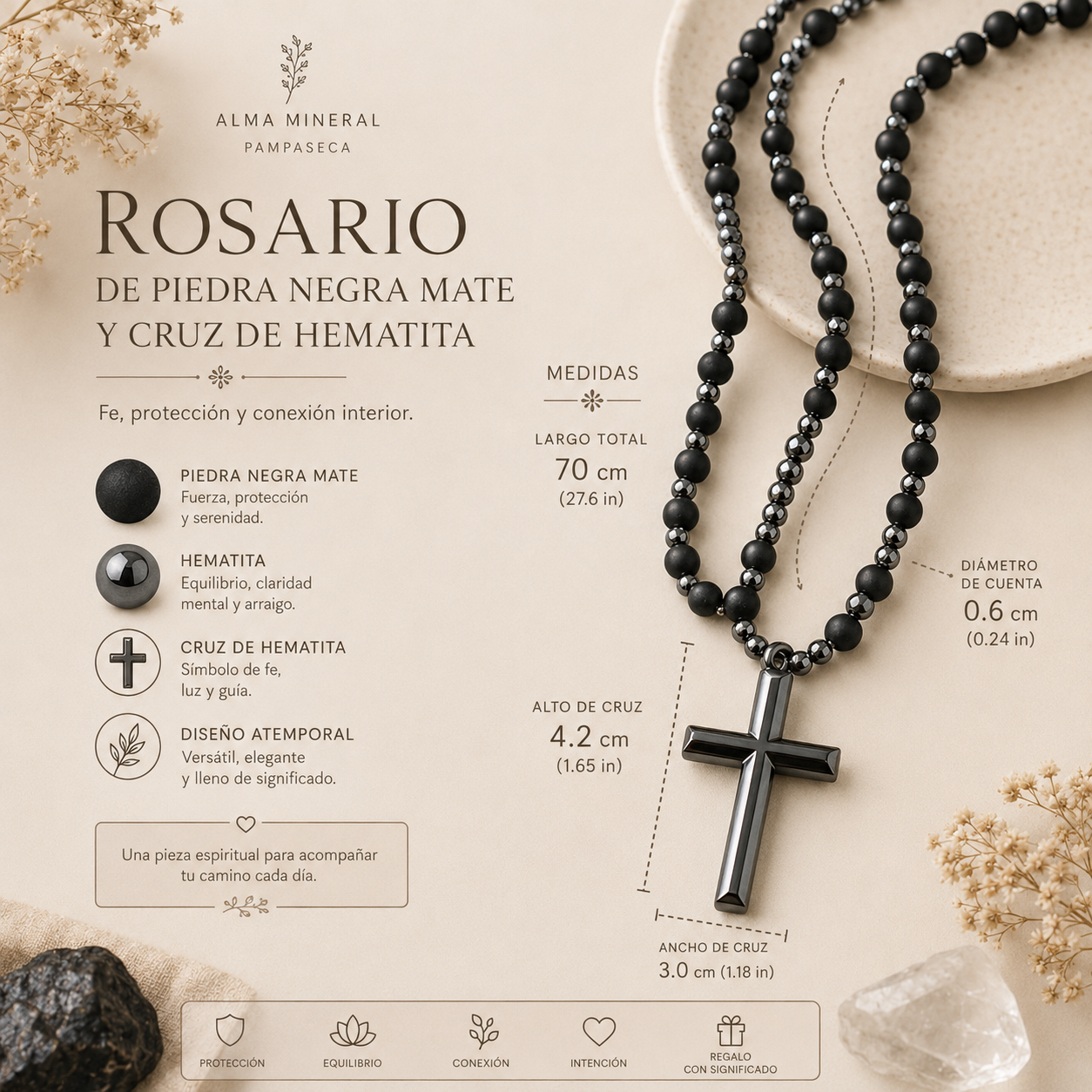 Collar Rosario de Piedra Negra Mate y Cruz de Hematita
