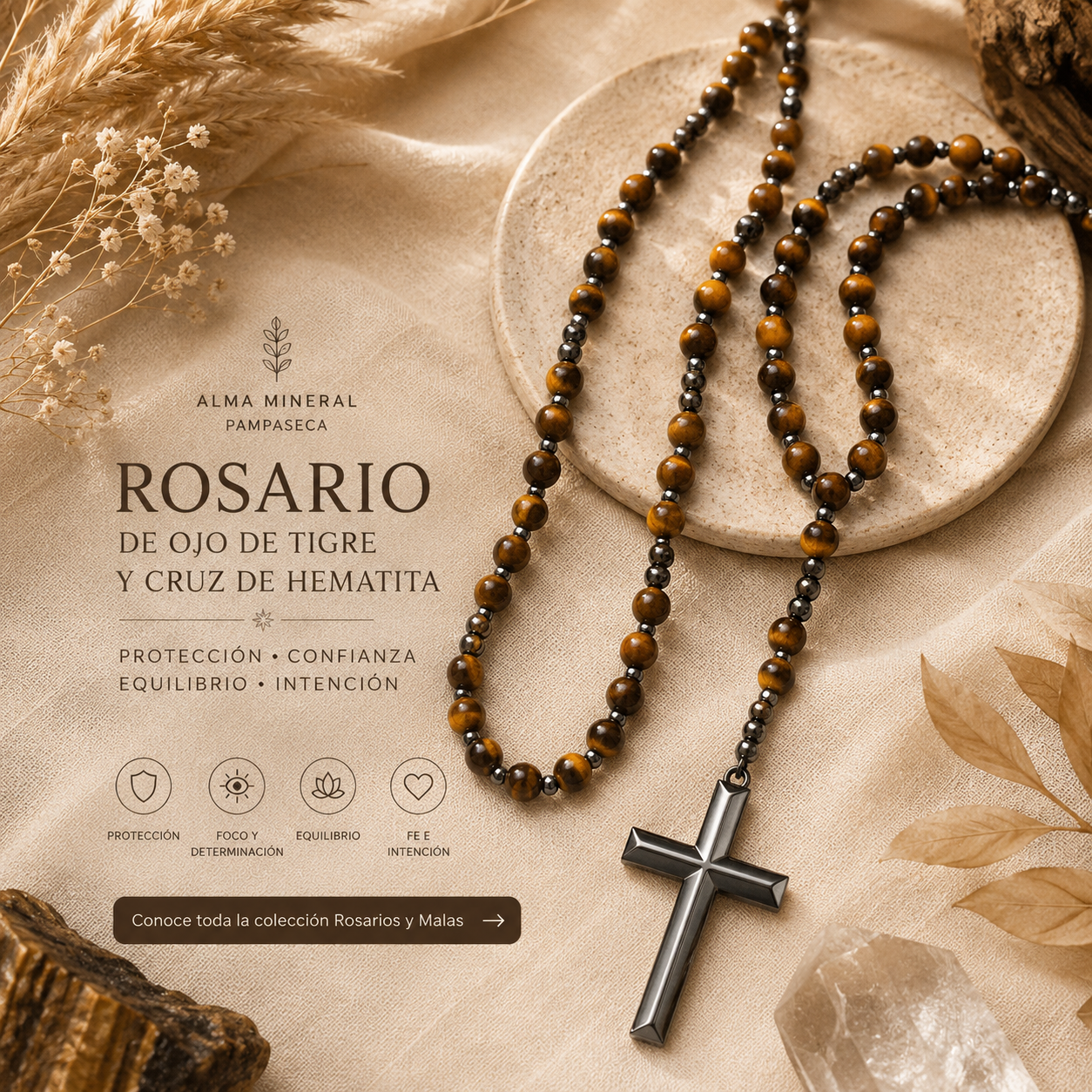 Collar Rosario de Piedra Ojo de Tigre y Hematita