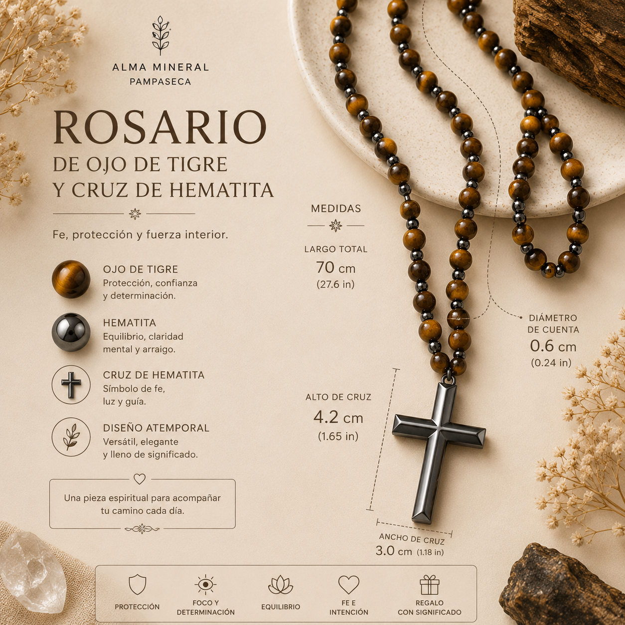 Collar Rosario de Piedra Ojo de Tigre y Hematita