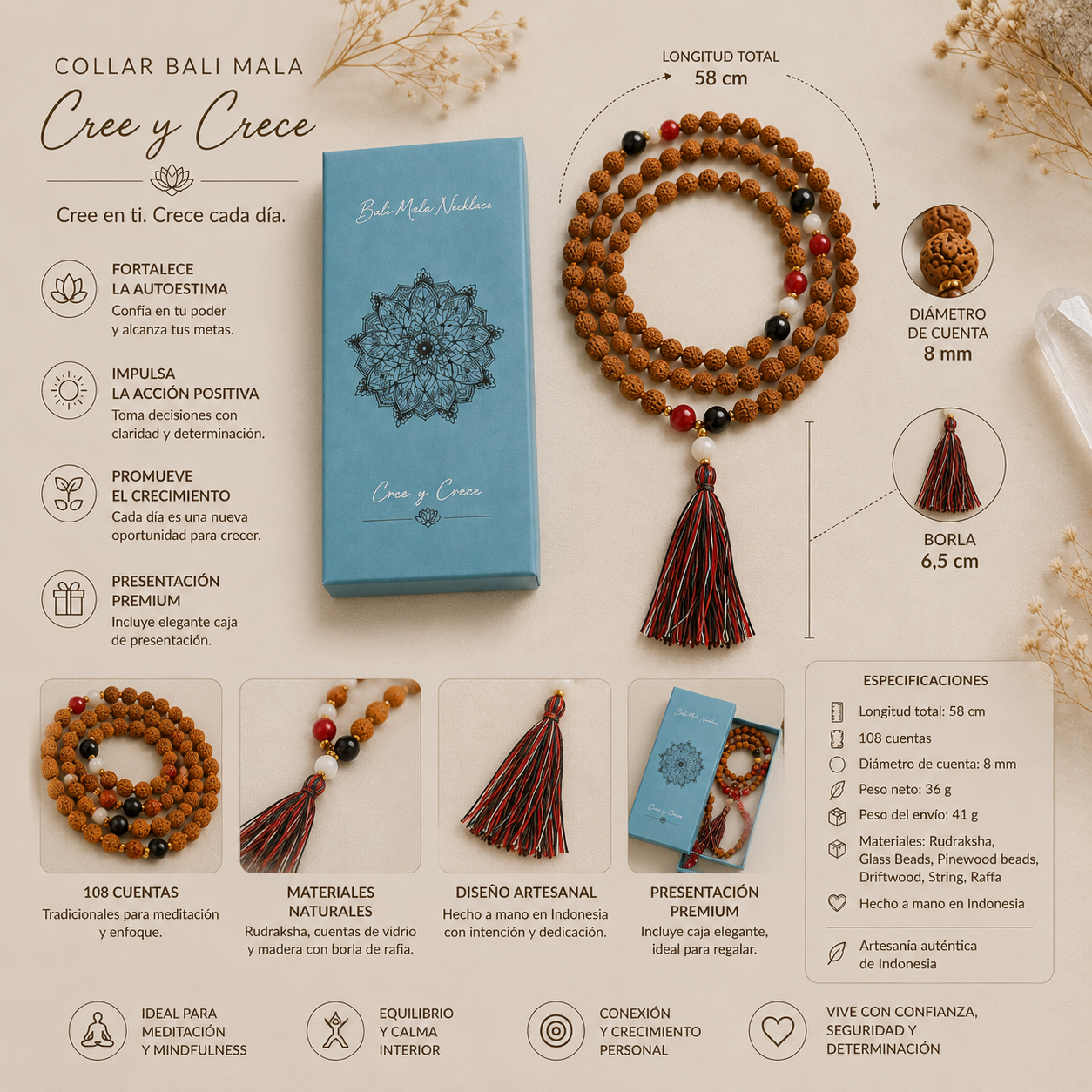 Collar Bali Mala Cree y Crece – Rudraksha y Crecimiento Personal