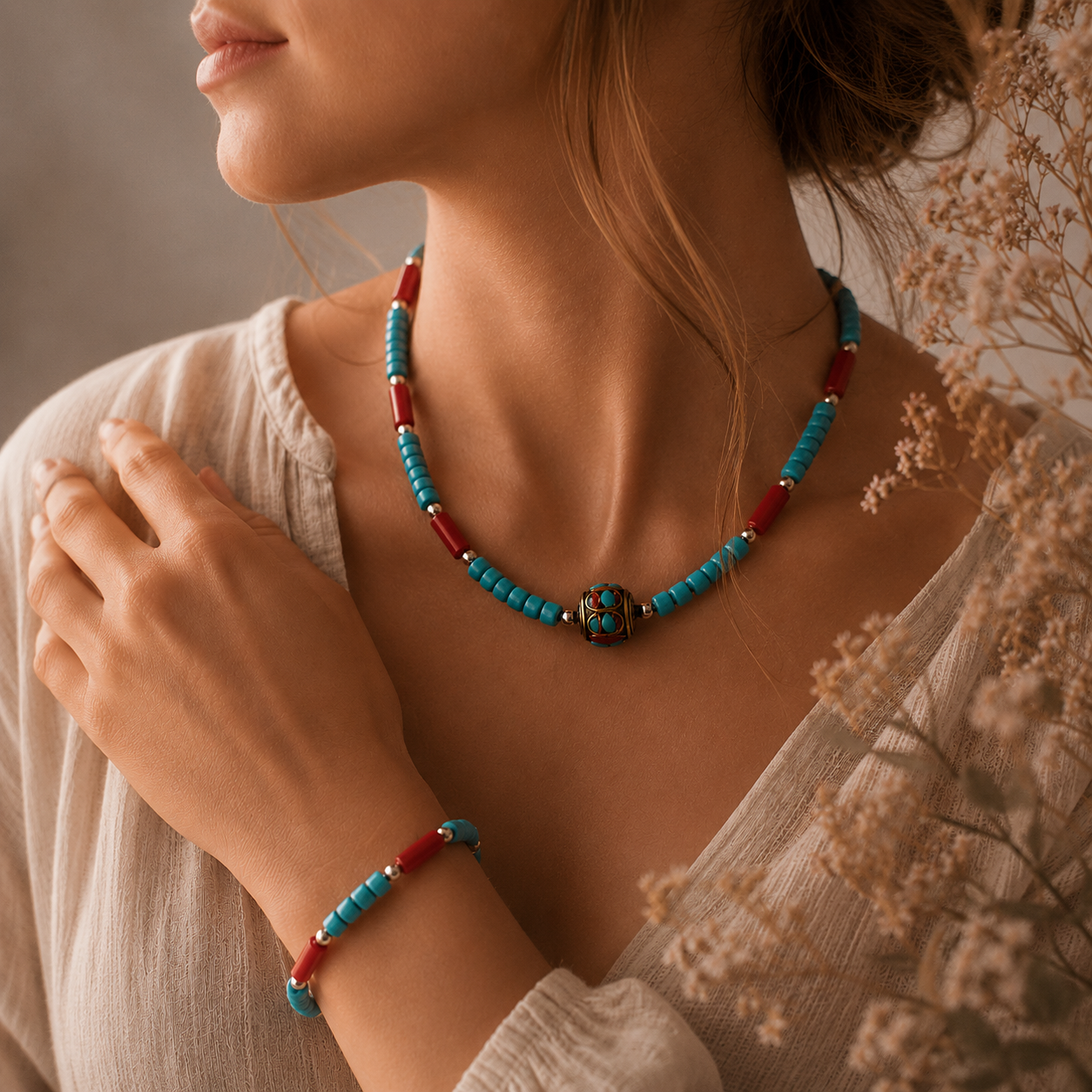 Conjunto Tribal Nepalí Turquesa y Coral  Collar 50 cm + Pulsera 17 cm