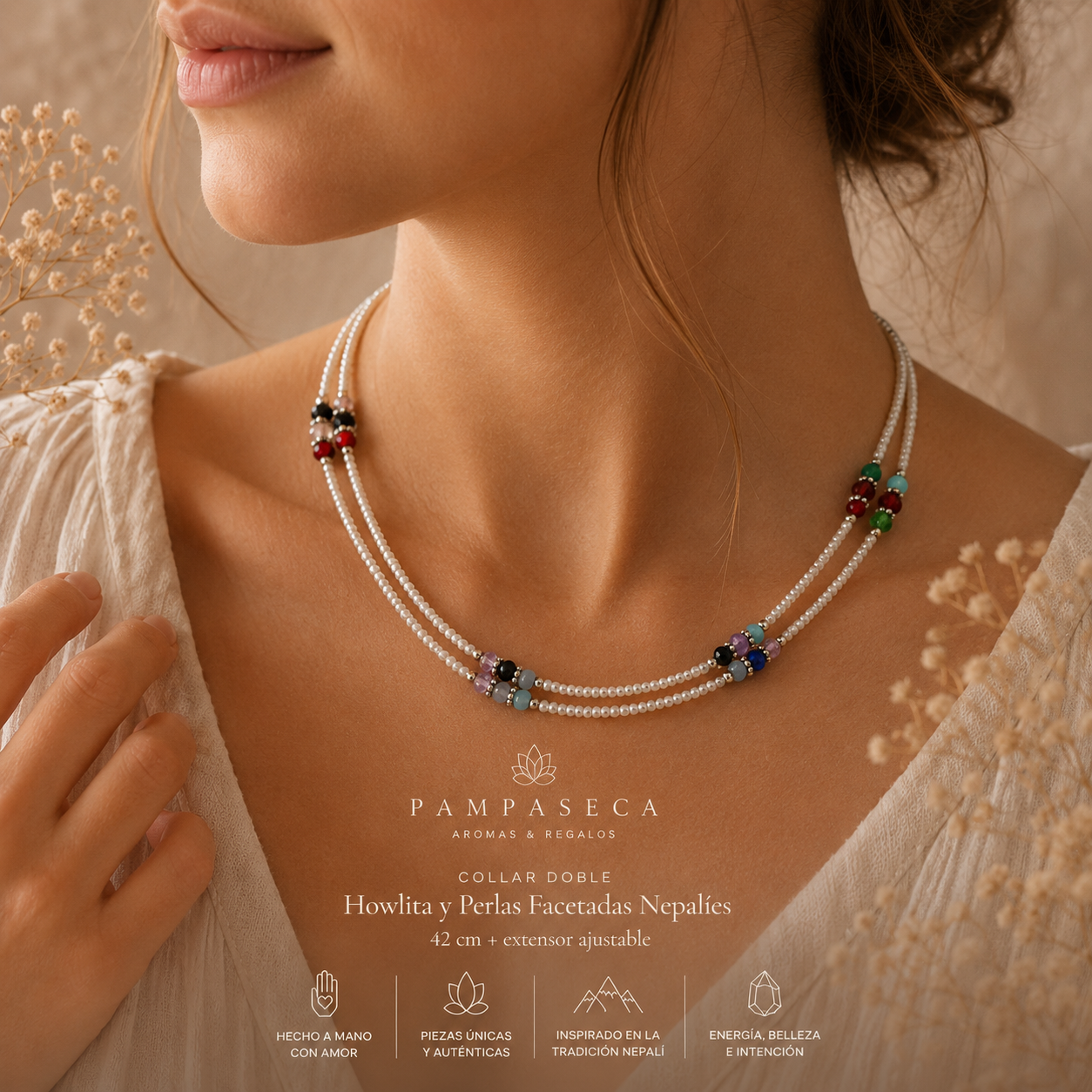 Collar Doble - Howlita y Perlas facetadas Nepalí Fino (42 cm)