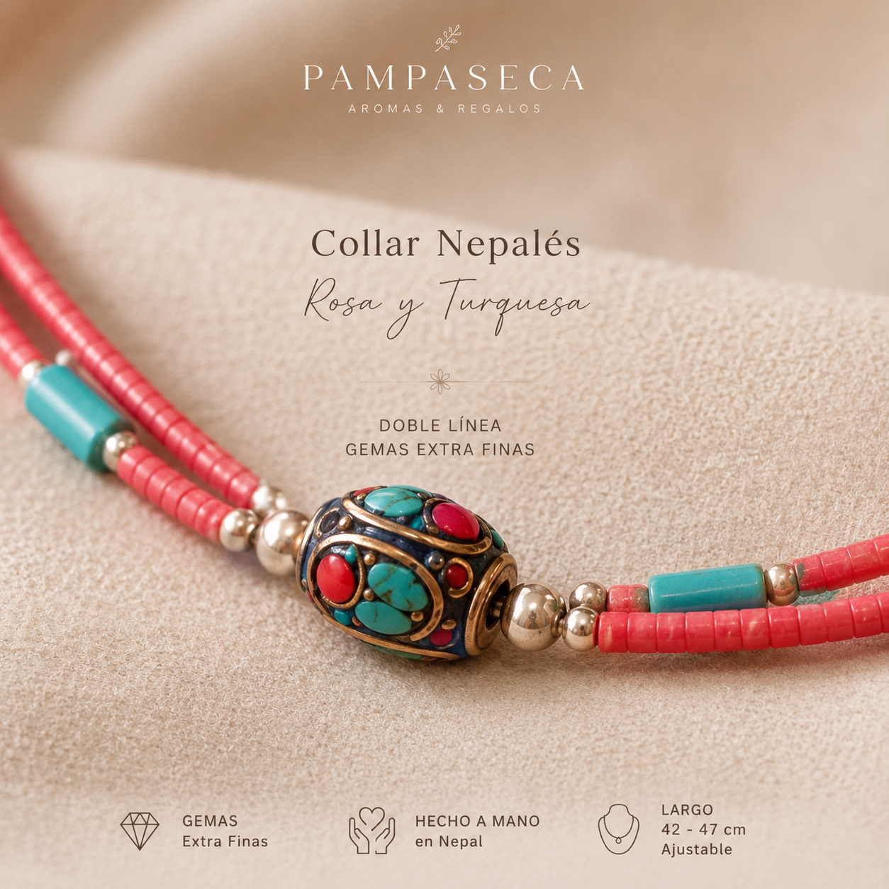 Collar Nepalés de Gemas Extra Finas de Dos Líneas - Colgante Coral y Turquesa
