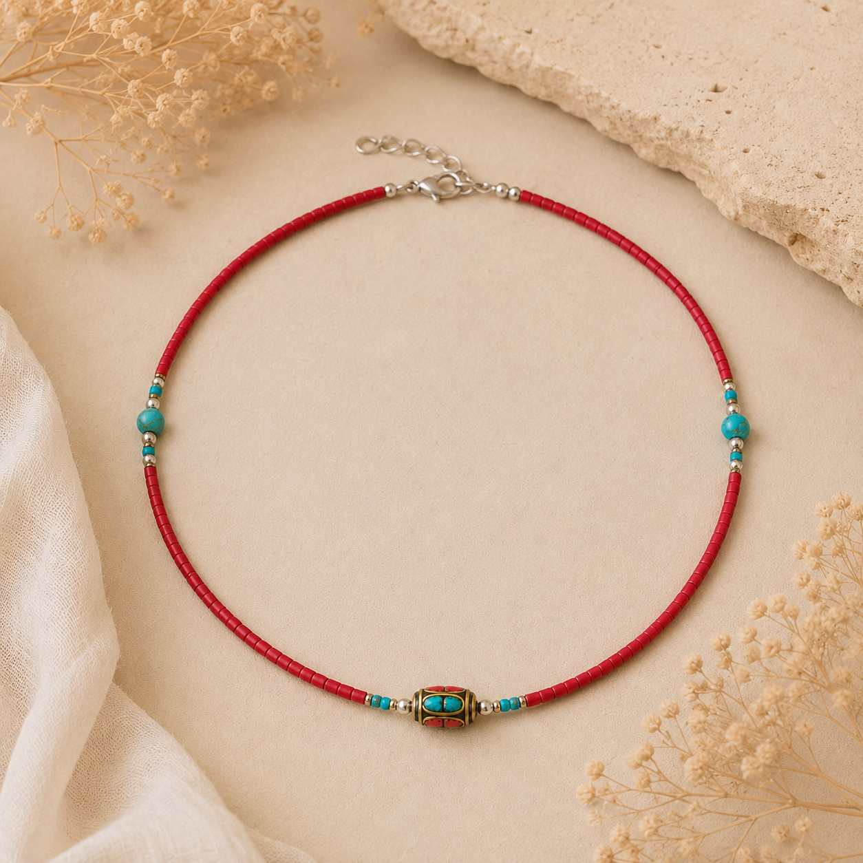 Collar Nepalés de Gemas Extra Finas - Cuenta Tribal de Coral