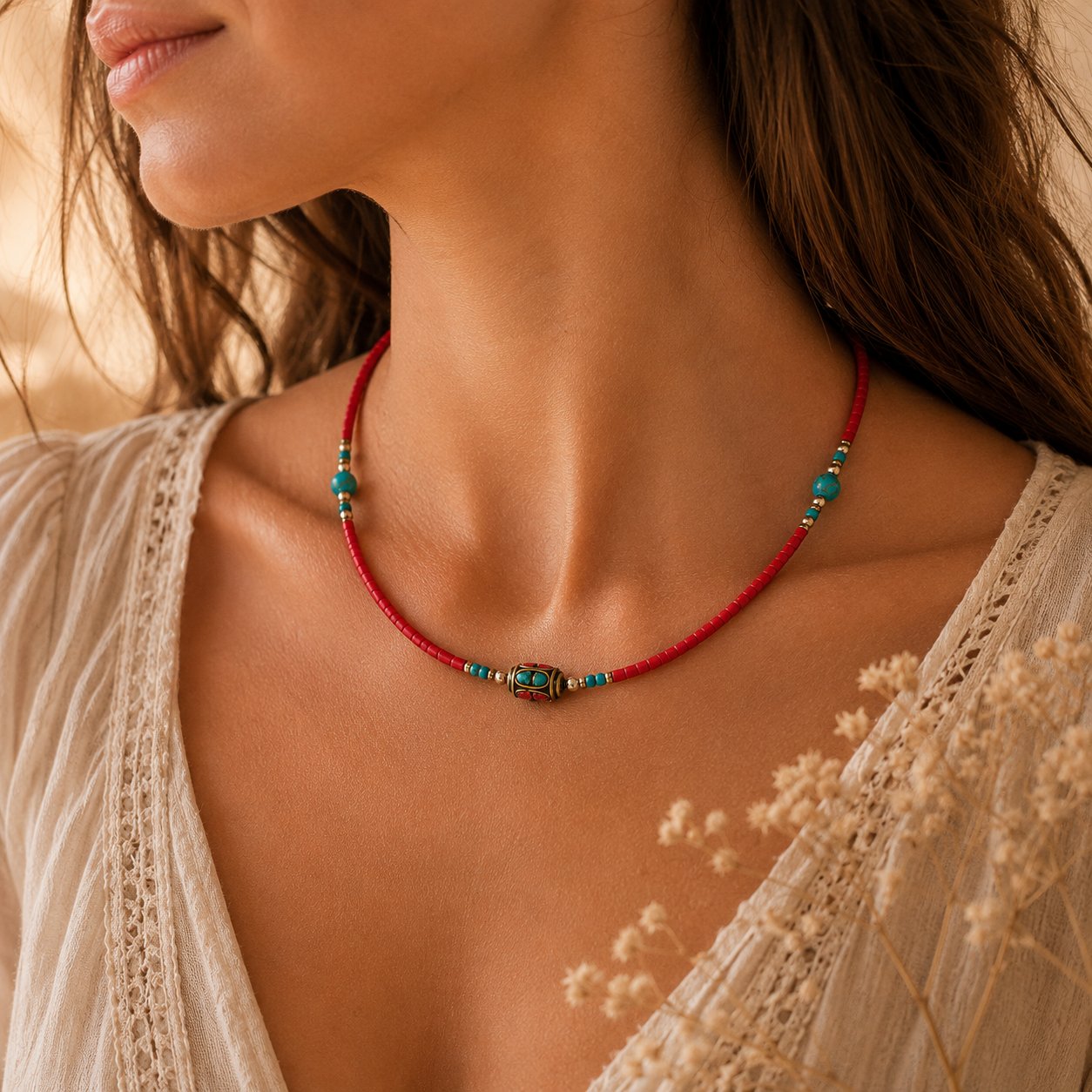 Collar Nepalés de Gemas Extra Finas - Cuenta Tribal de Coral