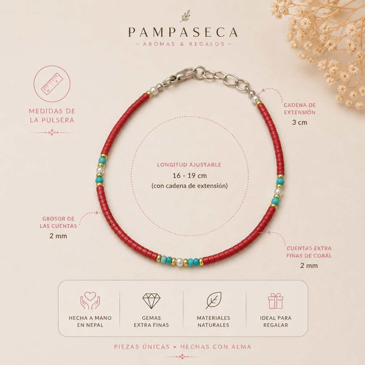Pulsera Nepalés de Gemas Extra Finas - Cuenta Tribal de Coral