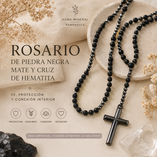 Collar Rosario de Piedra Negra Mate y Cruz de Hematita