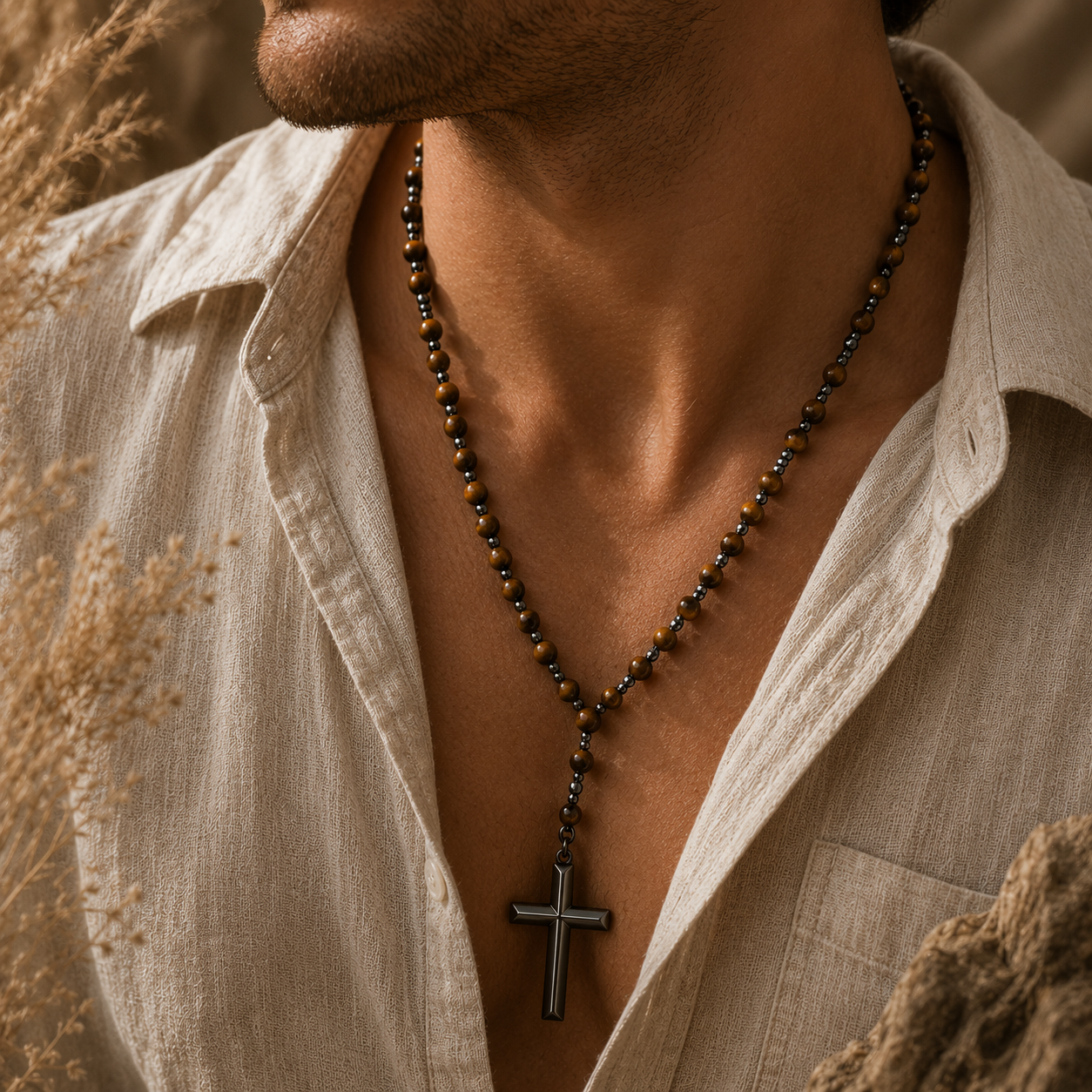 Collar Rosario de Piedra Ojo de Tigre y Hematita