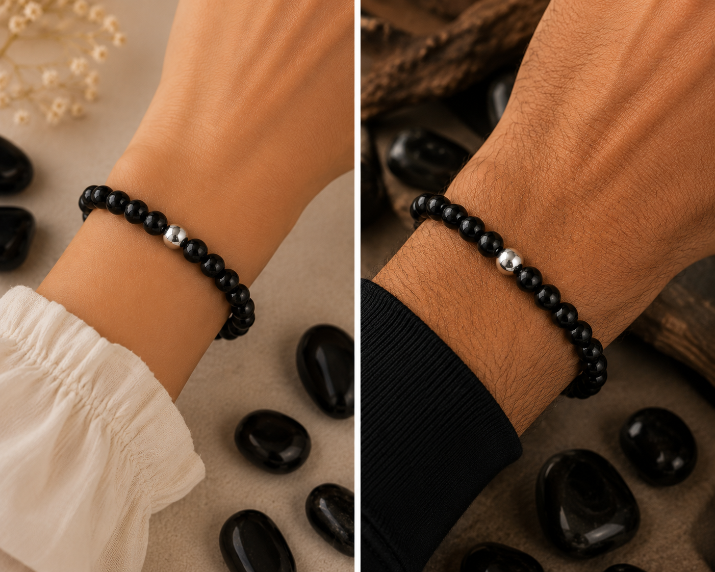 Pulsera de onix negrp y gema de plata 6mm Protección y fortaleza