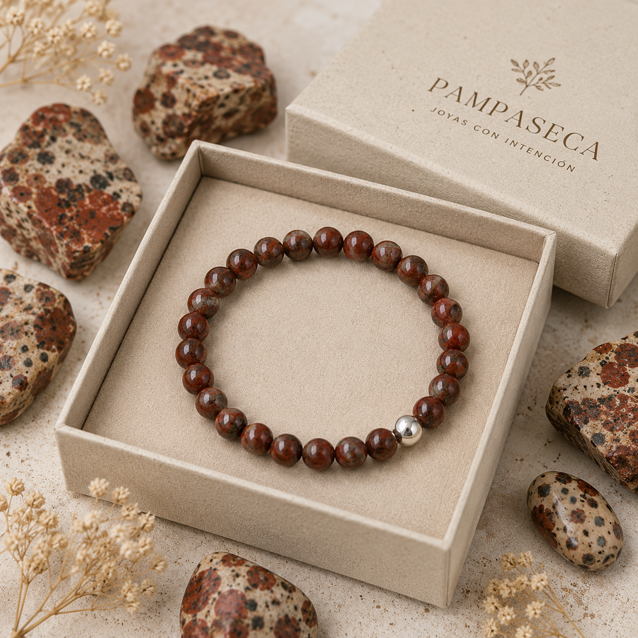 Pulsera de jaspe sésamo y gema de plata 6mm Estabilidad y Serenidad