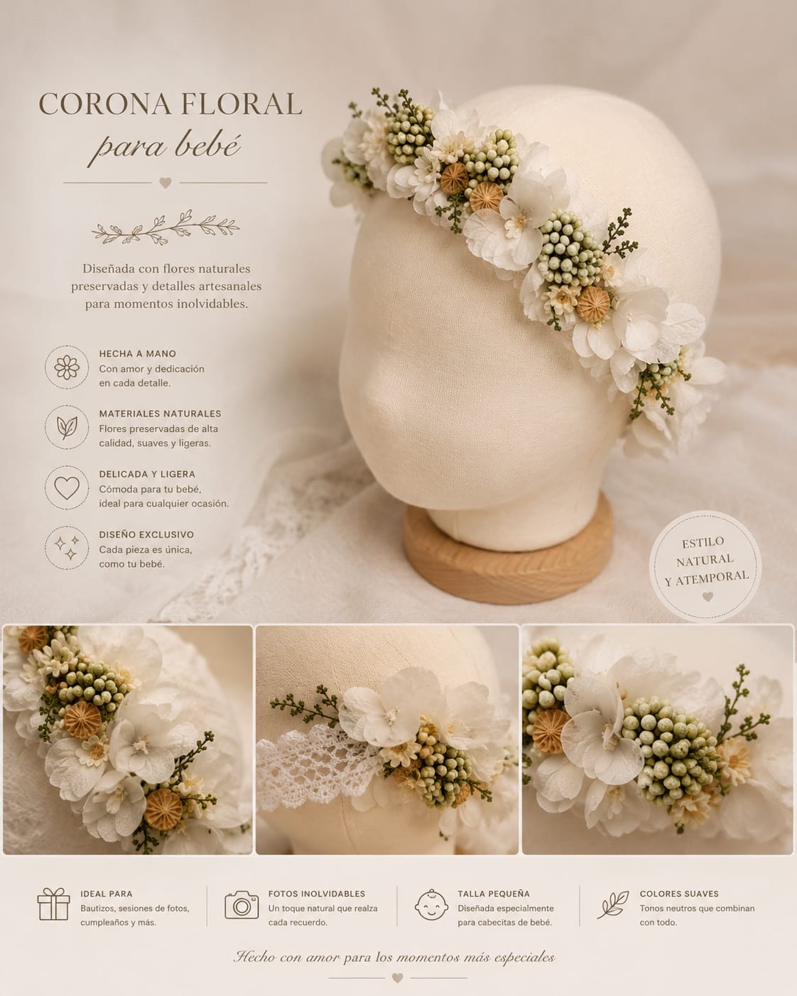 🌿 Corona Floral para Bebé "Irina"