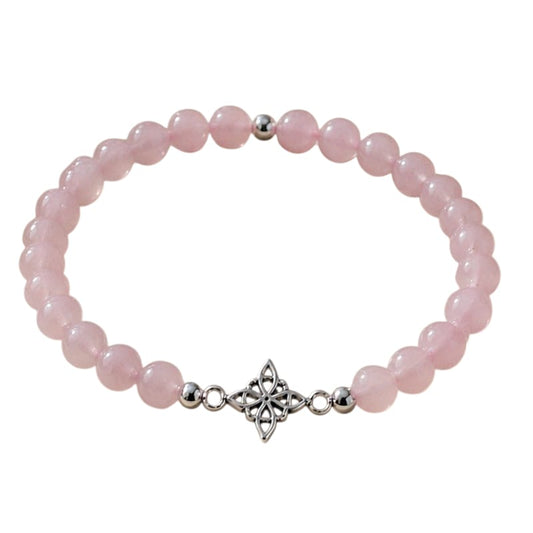 Pulsera de cuarzo rosa con nudo de brujas de plata – Amor y protección