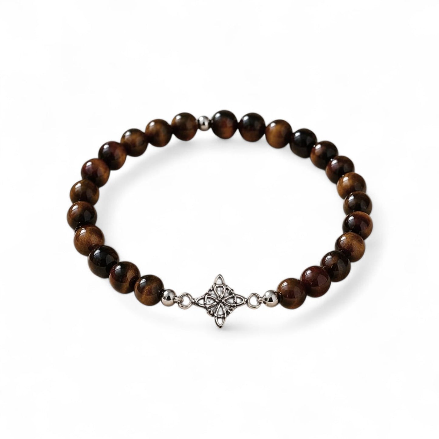 Pulsera ojo de tigre · Nudo de brujas en plata (6 mm)