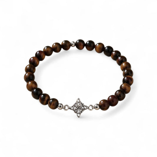 Pulsera ojo de tigre · Nudo de brujas en plata (6 mm)