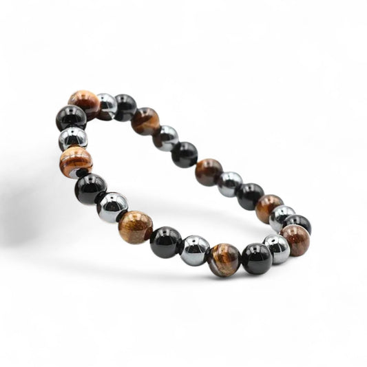 Pulsera triple protección – Obsidiana, hematita y ojo de tigre