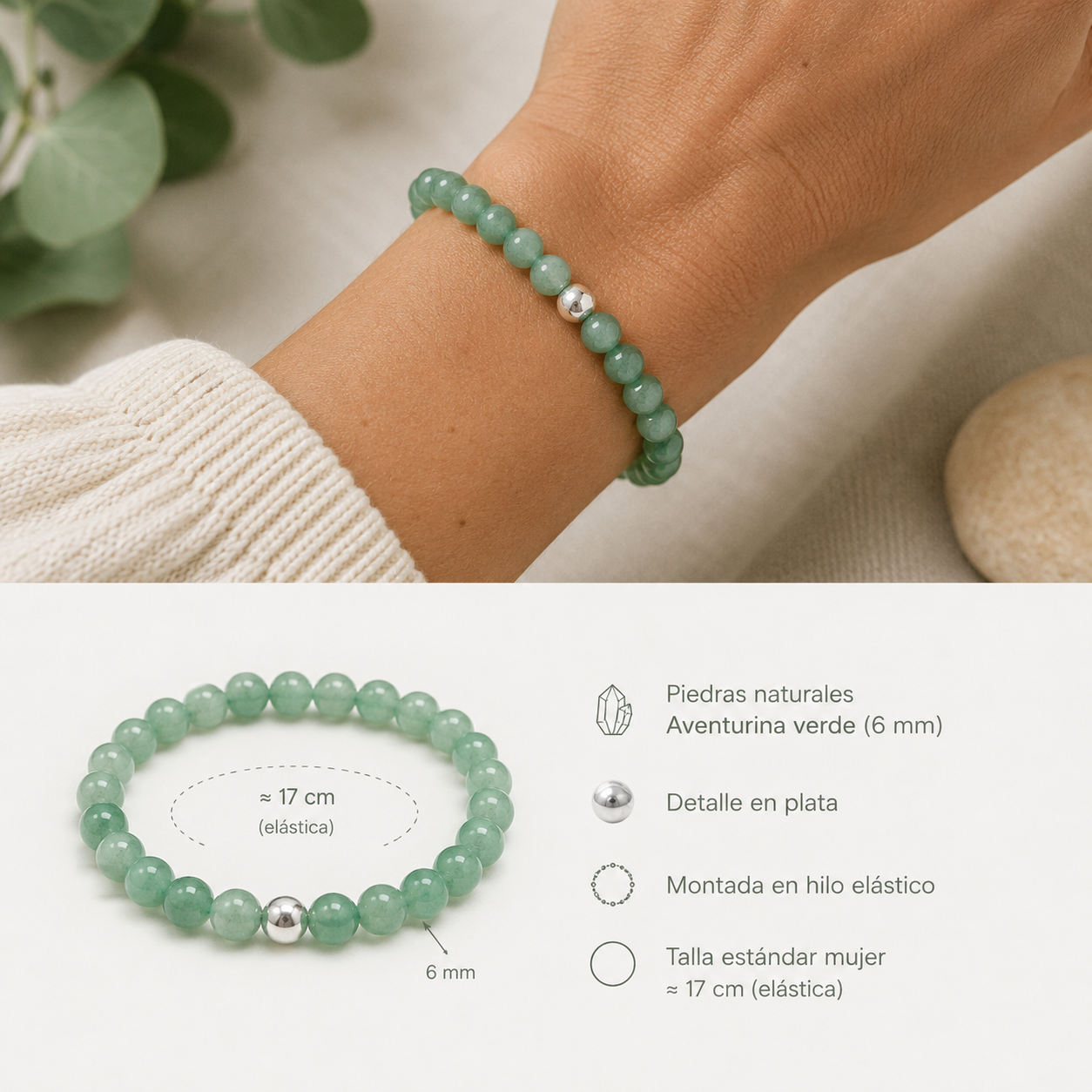 Pulsera de aventurina verde y plata (6 mm) -Prosperidad y crecimiento