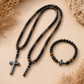 Collar y Pulsera de Obsidiana Natural con Cruz de Hematita