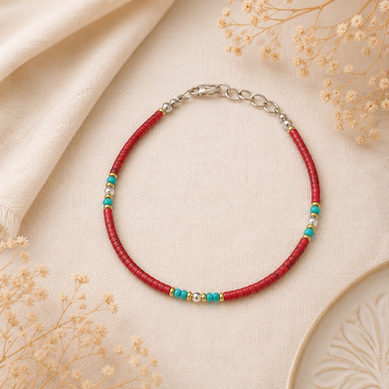 Pulsera Nepalés de Gemas Extra Finas - Cuenta Tribal de Coral