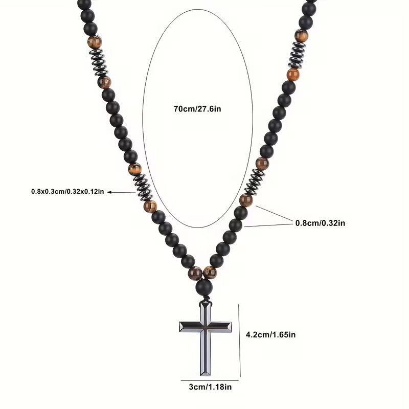 Collar Cruz de Hematita, Ónix Mate y Ojo de Tigre Protección & Fortaleza