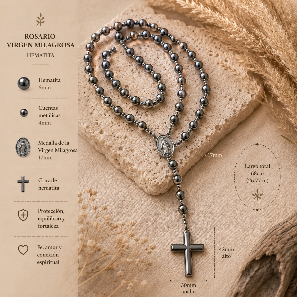 Rosario de Hematita Natural con Medalla de la Virgen Milagrosa y Cruz de Hematita