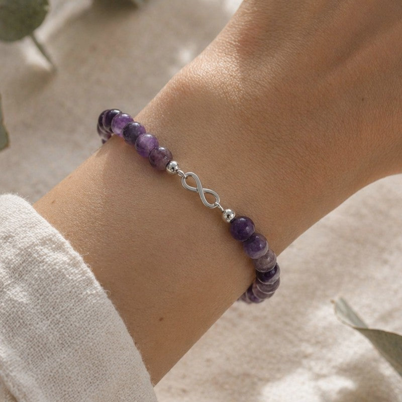 Pulsera amatista · Infinito y plata (6 mm)