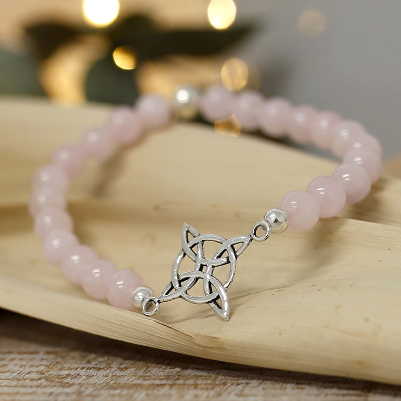 PULSERA CUARZO ROSA 6MM - NUDO DE BRUJAS PLATA