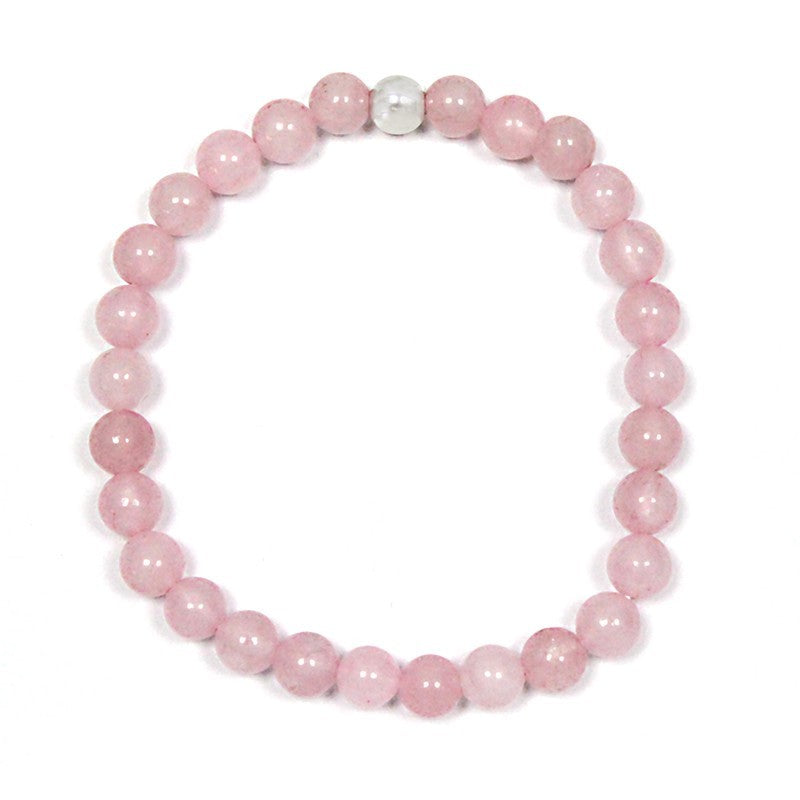 pulsera de cuarzo rosa de 6mm rodeada de una perla de plata