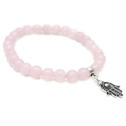 PULSERA DE CUENTAS DE CUARZO ROSA DE 6MM CON DIJES DE PLATA FÁTIMA