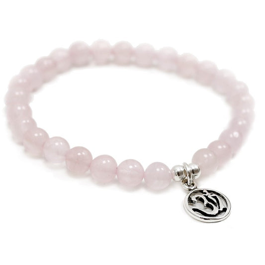 PULSERA DE CUENTAS DE CUARZO ROSA DE 6MM CON DIJES DE PLATA OHM