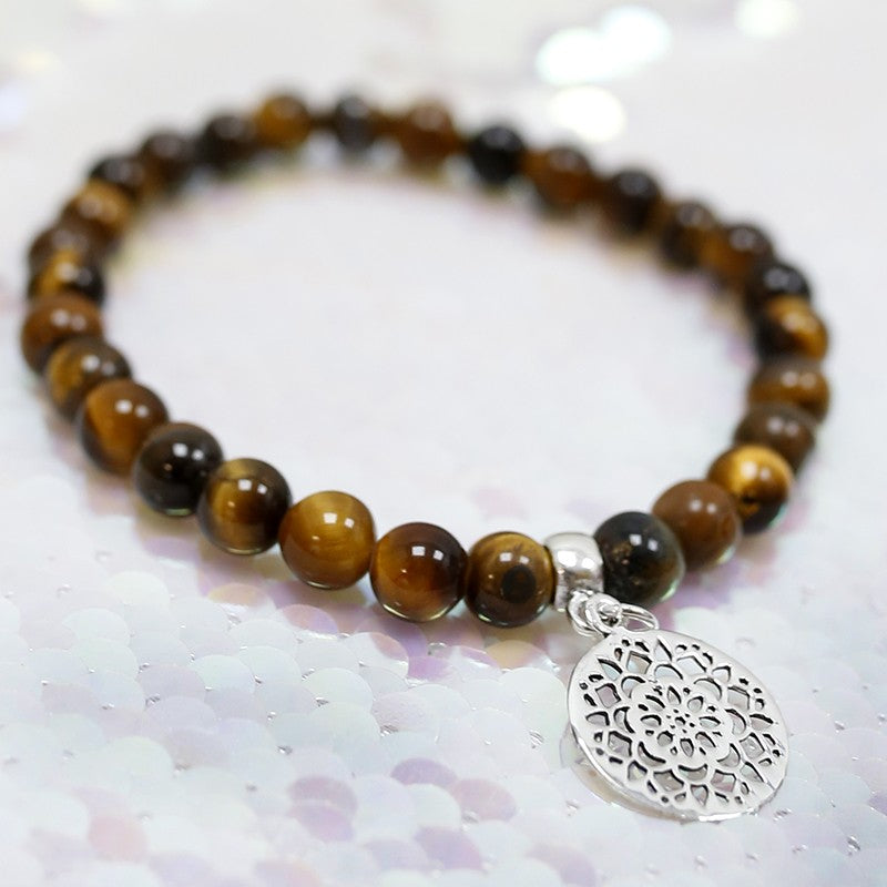 Pulsera ojo de tigre · Mandala y plata (6 mm)