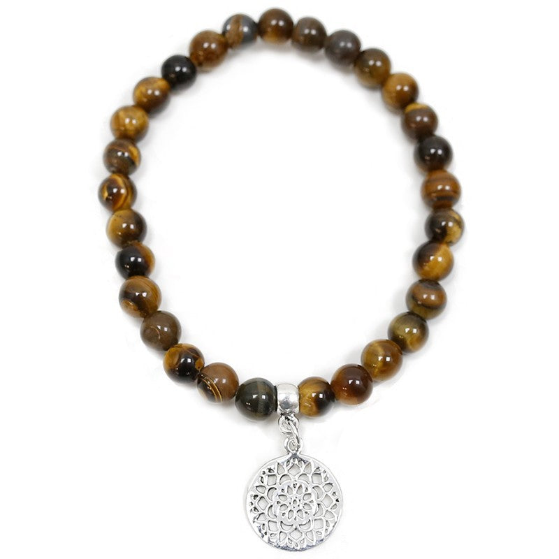 Pulsera ojo de tigre · Mandala y plata (6 mm)