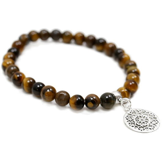 Pulsera ojo de tigre · Mandala y plata (6 mm)