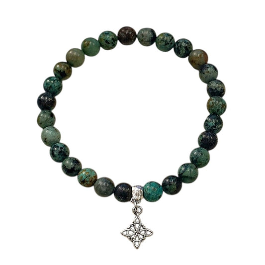 Pulsera de turquesa africana con nudo de brujas y plata (6 mm)